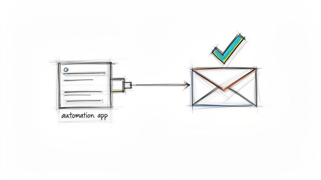 Hand-drawn diagram shows an automation app sending an email, confirmed by a success checkmark.