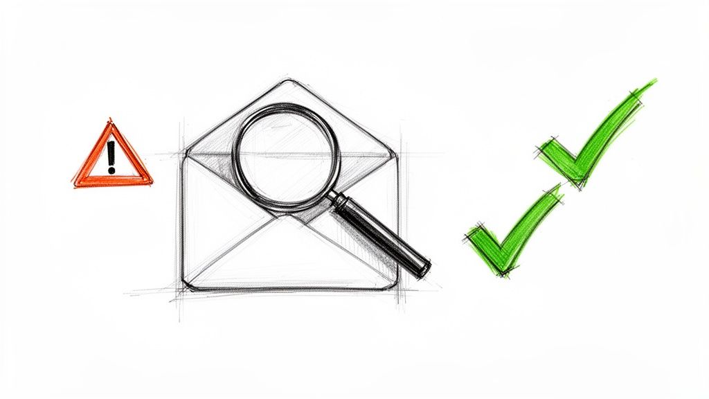 Hand-drawn image of an open envelope, magnifying glass, warning sign, and two green checkmarks.