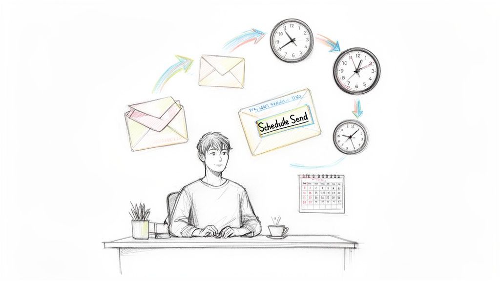 An illustration of a person scheduling email sends, surrounded by emails, clocks, and a calendar, representing time management.