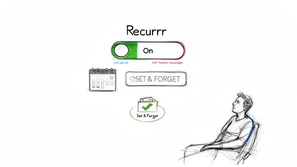 Hand-drawn illustration depicting a 'Recurrrr' toggle, 'Set & Forget' options, a calendar, and a person.