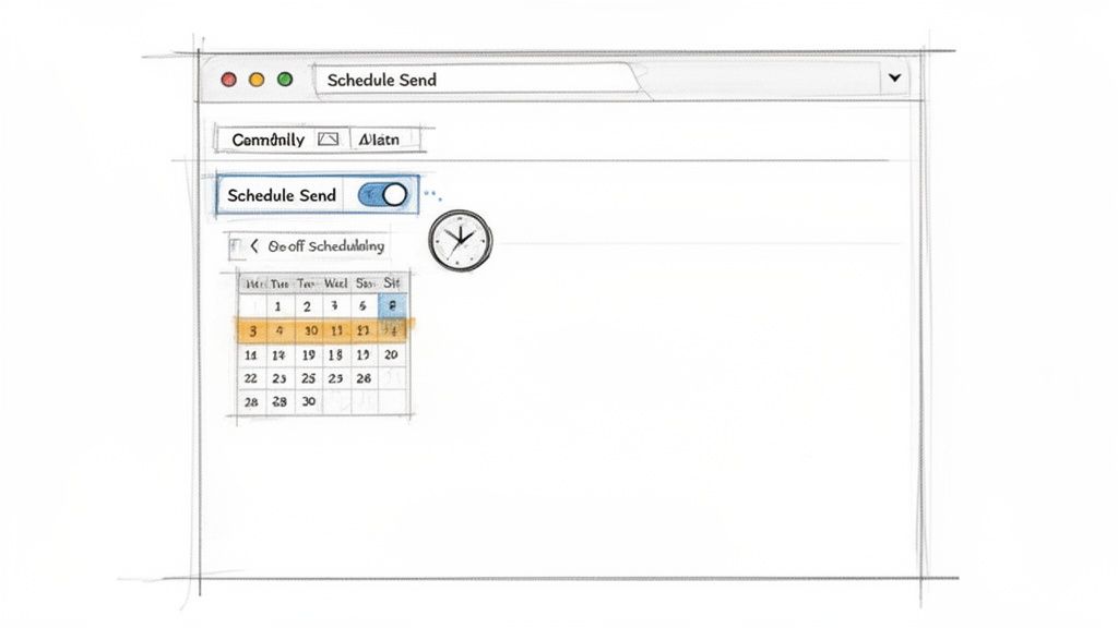 Sketch of a 'Schedule Send' interface with an active toggle, a calendar showing selected dates, and a clock icon.