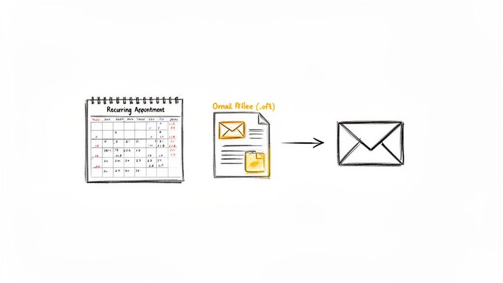 A diagram illustrates a recurring appointment calendar transforming into an OFT file, then a sent email.