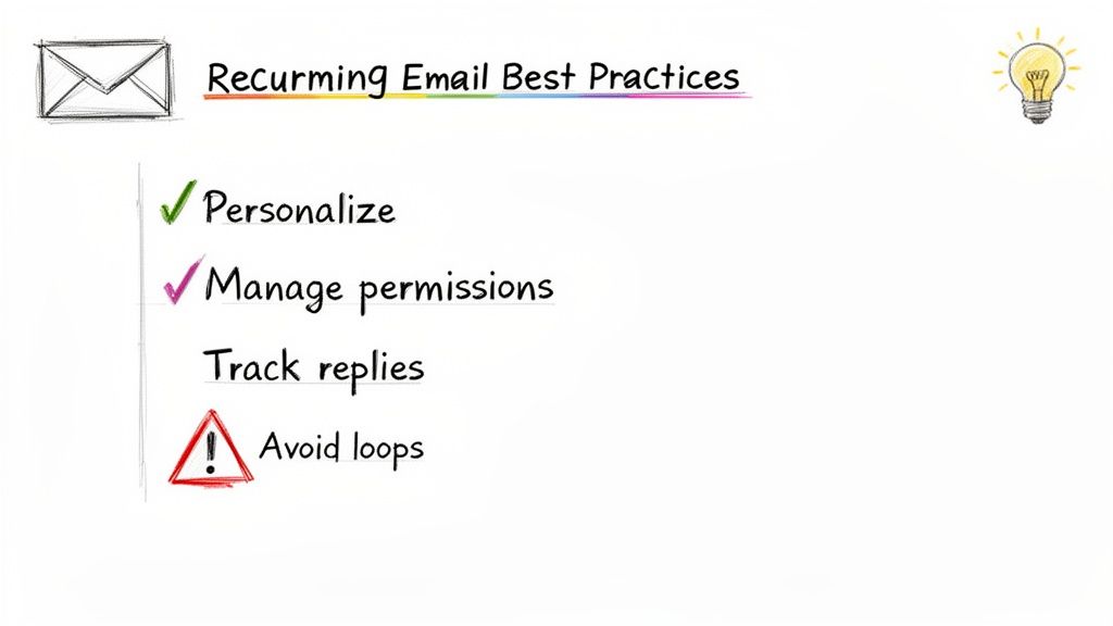 A whiteboard listing recurring email best practices with checkmarks and a warning sign.