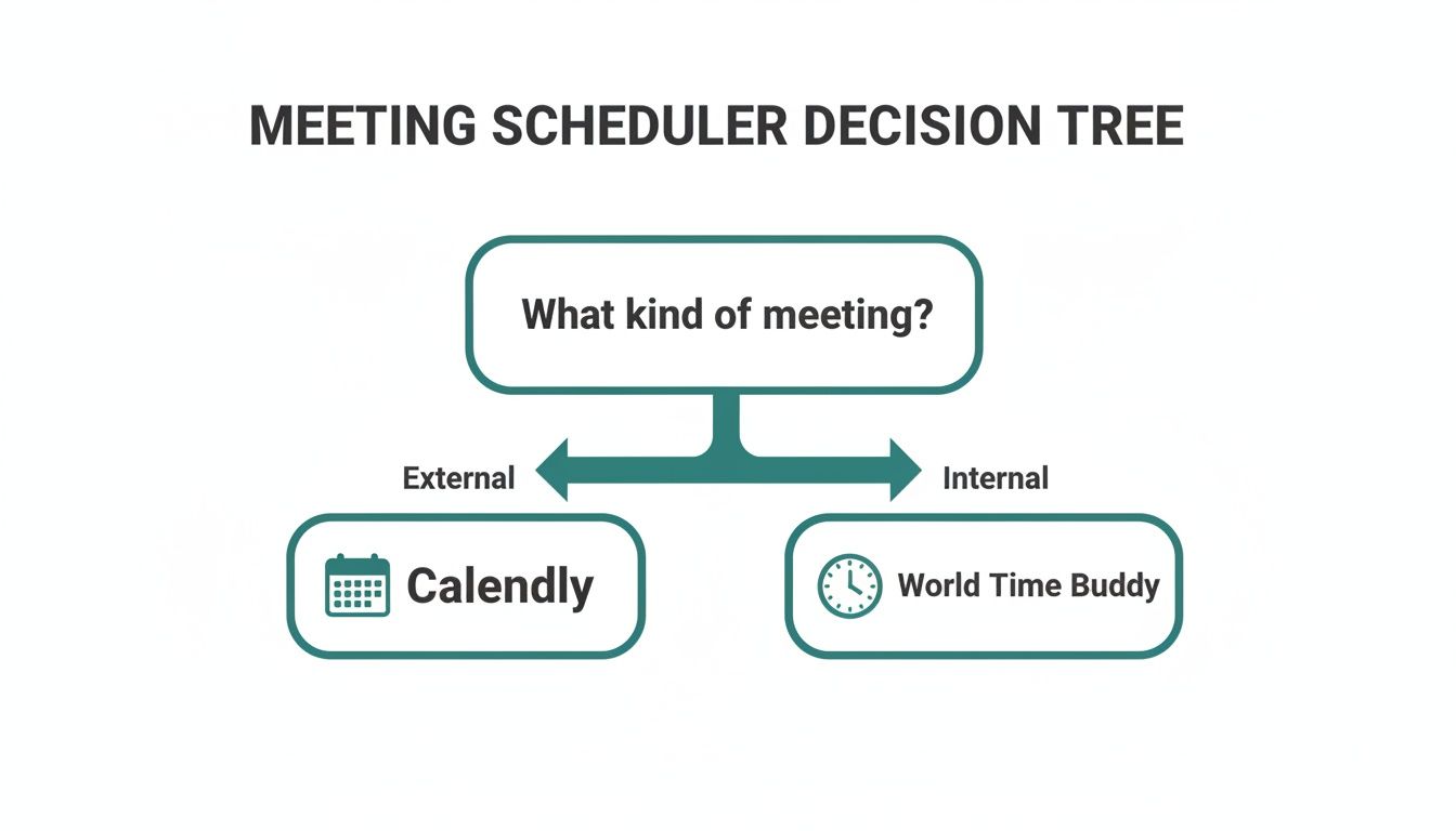 A decision tree flowchart for meeting scheduling, recommending Calendly for external and World Time Buddy for internal meetings.