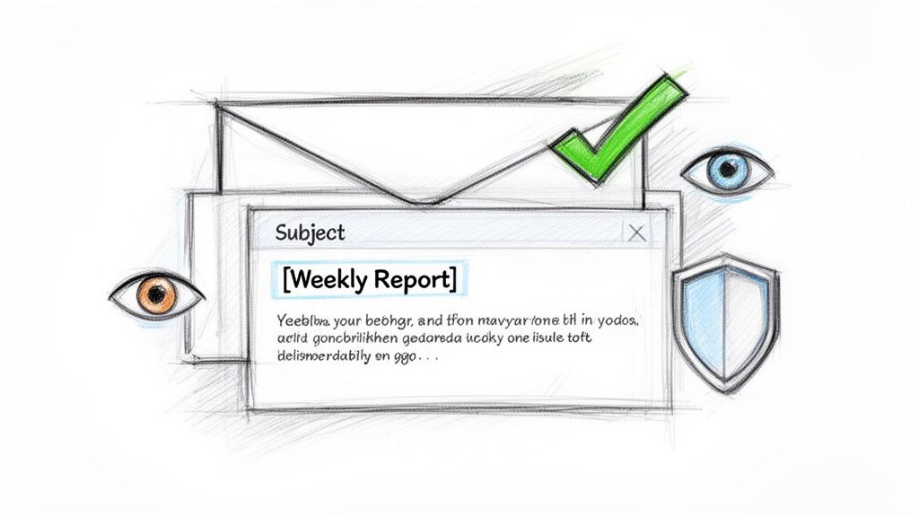 Sketch of an email window with 'Weekly Report' subject, a green checkmark, eyes, and a shield, symbolizing secure email communication.