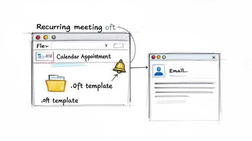 Diagram illustrating an Outlook calendar appointment with an OFT template generating an email notification.
