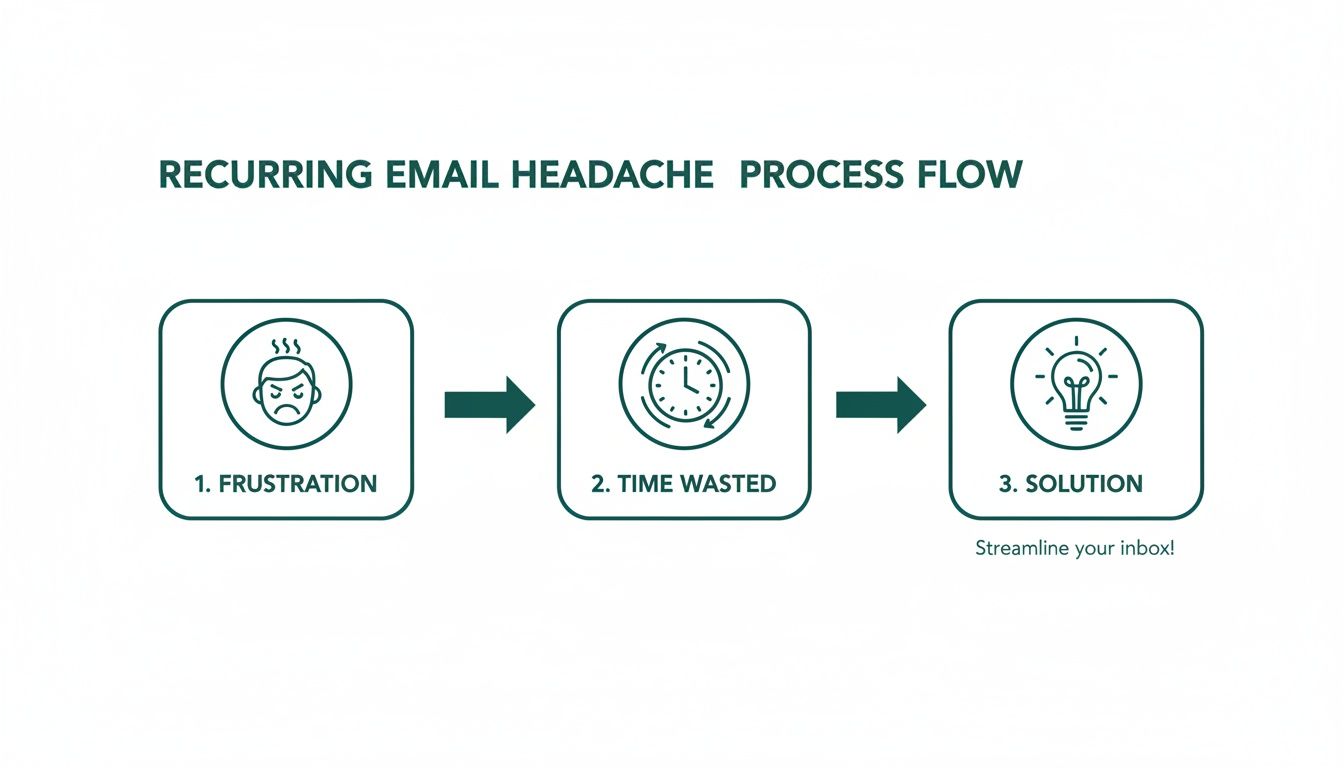 A process flow diagram illustrating the recurring email headache, showing frustration, time wasted, and a solution.