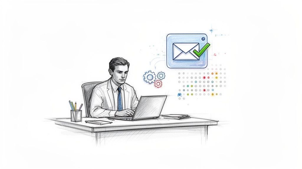 A man in a suit uses a laptop at a desk with email and gears automation icons floating above.