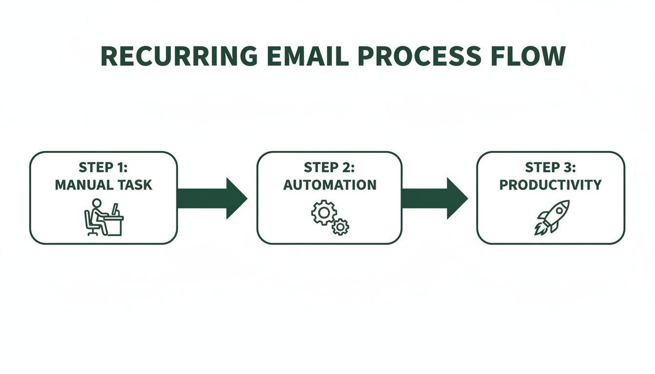 A recurring email process flow chart showing three steps: manual task, automation, and productivity.