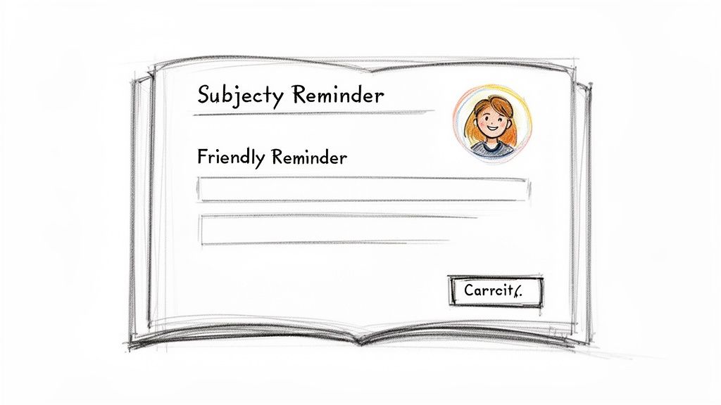 A hand-drawn sketch of an open book displaying an email reminder interface with 'Subjecty Reminder', 'Friendly Reminder', and a 'Carrcit.' button.