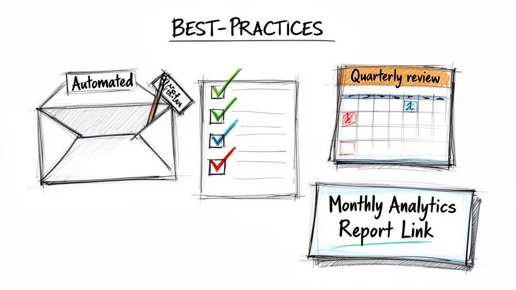 Doodle art showing best practices for automated tasks, checklists, quarterly reviews, and report links.