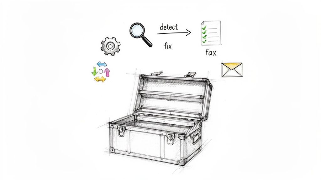 Illustrative diagram depicting a workflow of detect, fix, and fax with a gear, checklist, and open trunk.