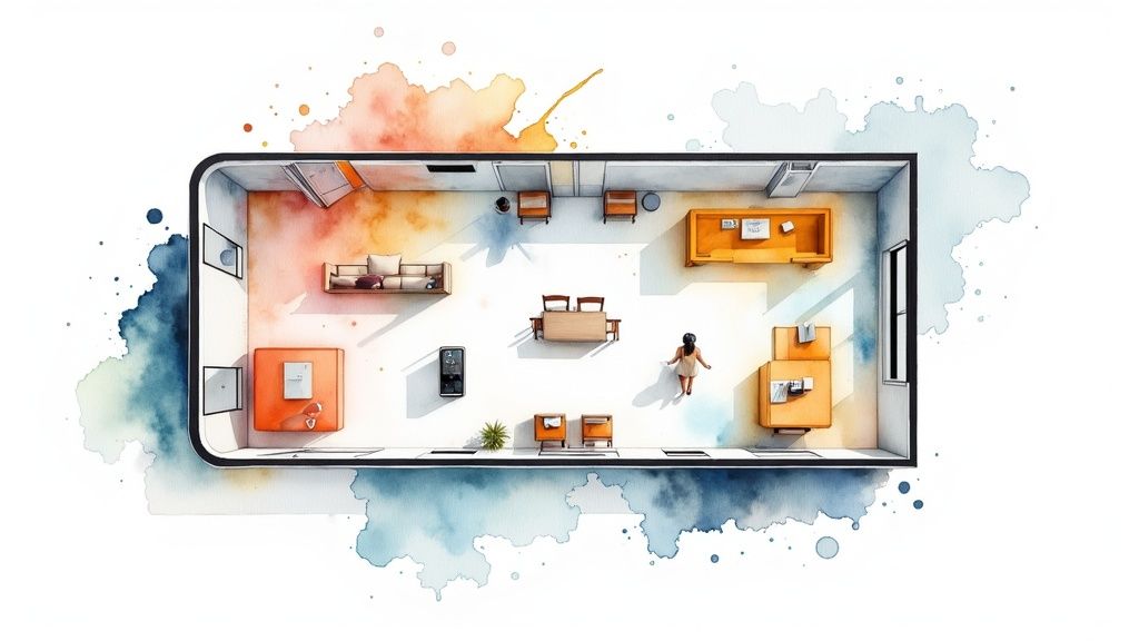 An office space with workstations and collaborative areas, representing space utilization optimization.