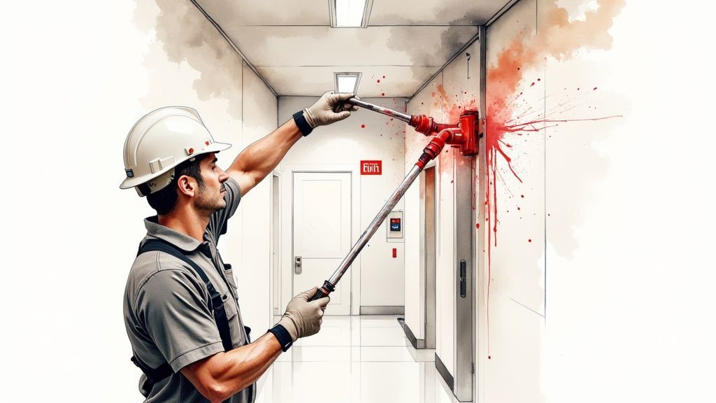 A technician inspecting a fire alarm panel.