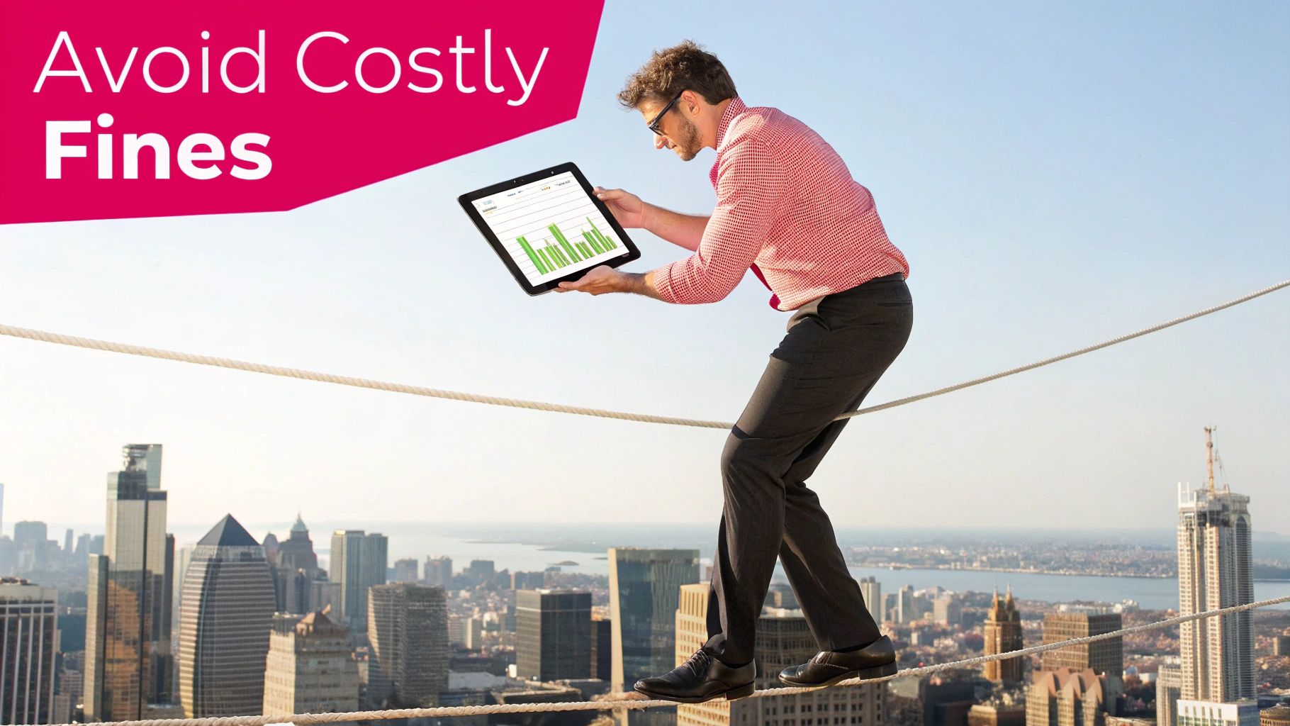 A businessman on a tightrope over a city, reviewing a tablet with financial graphs, with text "Avoid Costly Fines".