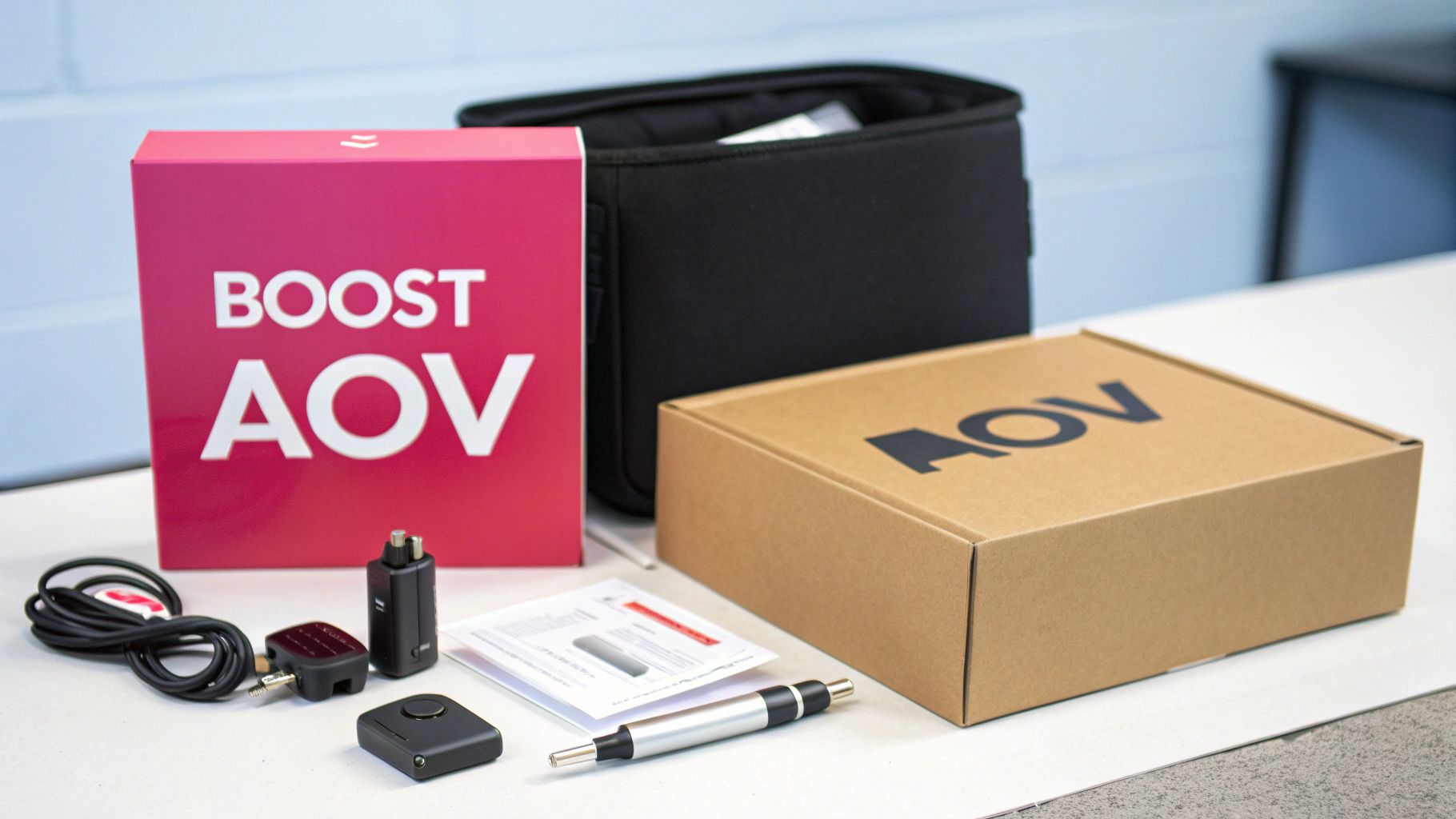 A set of AOV branded products, including pink and brown boxes, tech accessories, and a carrying case.