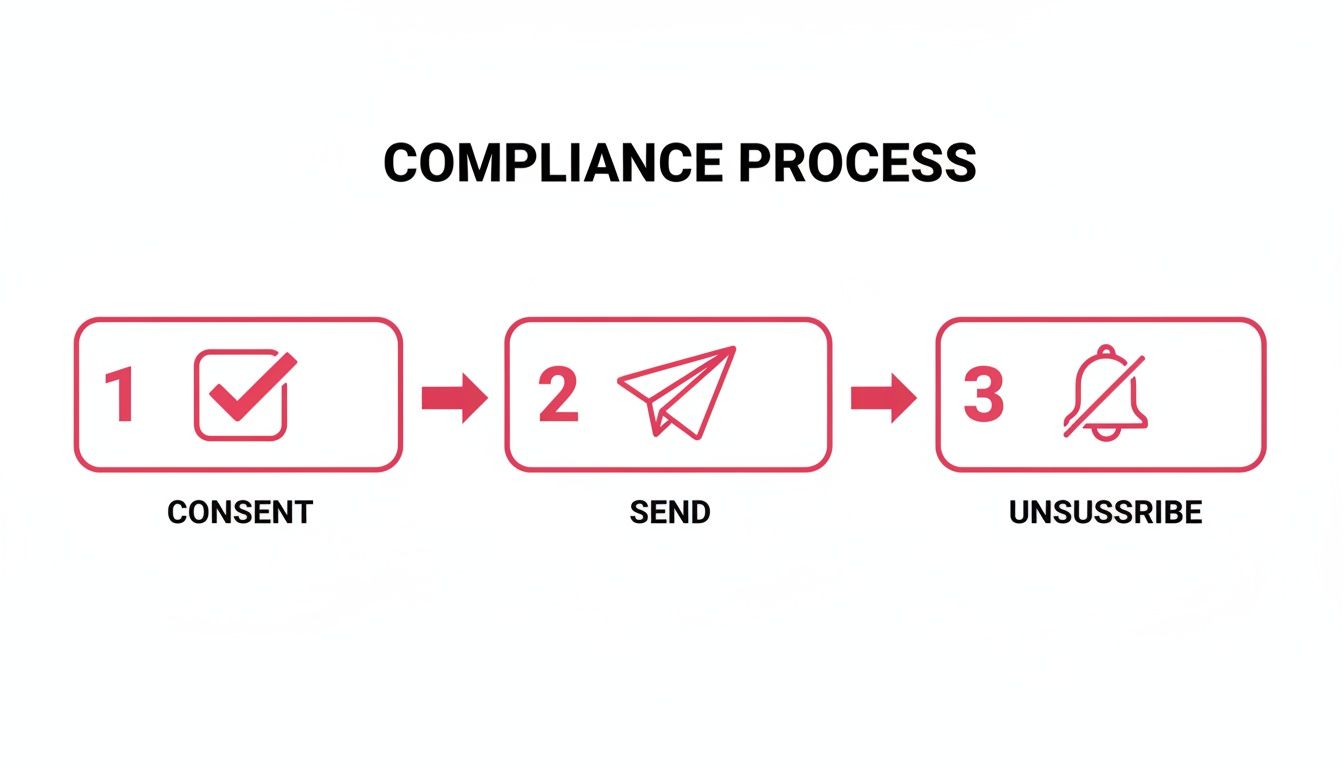 A compliance process infographic showing three steps: consent, send, and unsubscribe from notifications.