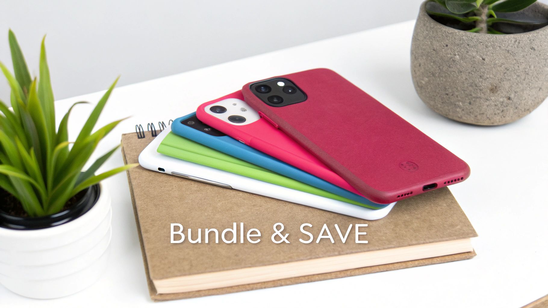 Colorful smartphone cases (red, pink, blue, green, white) stacked on a brown notebook, promoting a 'Bundle & SAVE' offer.