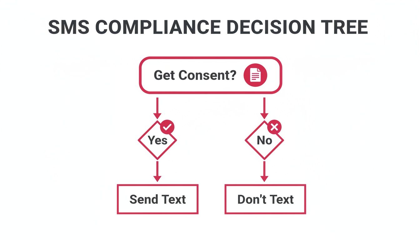 An SMS compliance decision tree flowchart, guiding whether to send text messages based on obtaining consent.