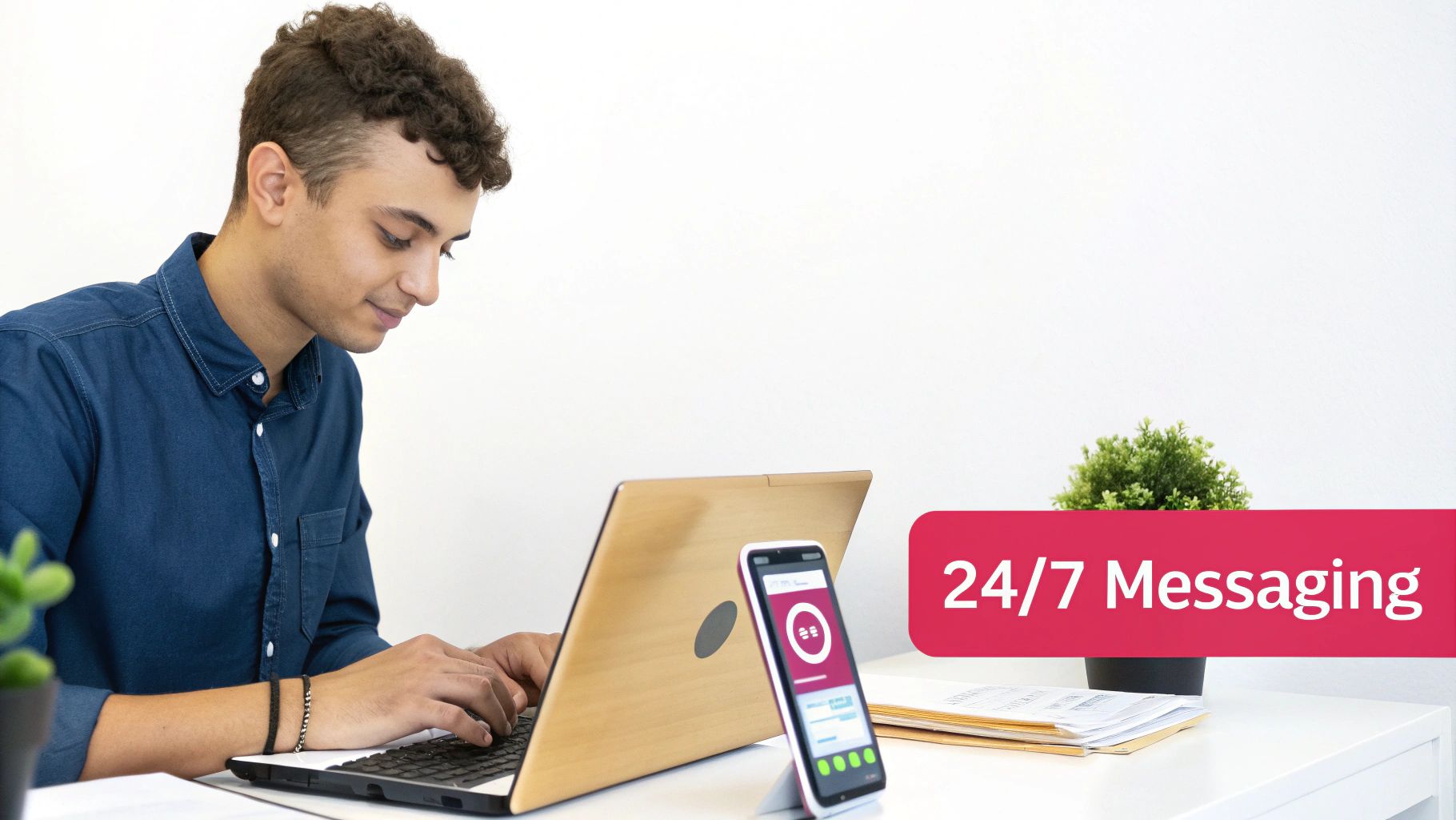 A person setting up automated text messages on a smartphone with app icons floating around.