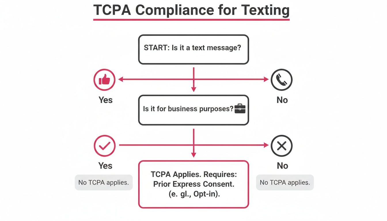 Flowchart illustrating TCPA compliance for text messages, detailing when prior express consent is required.