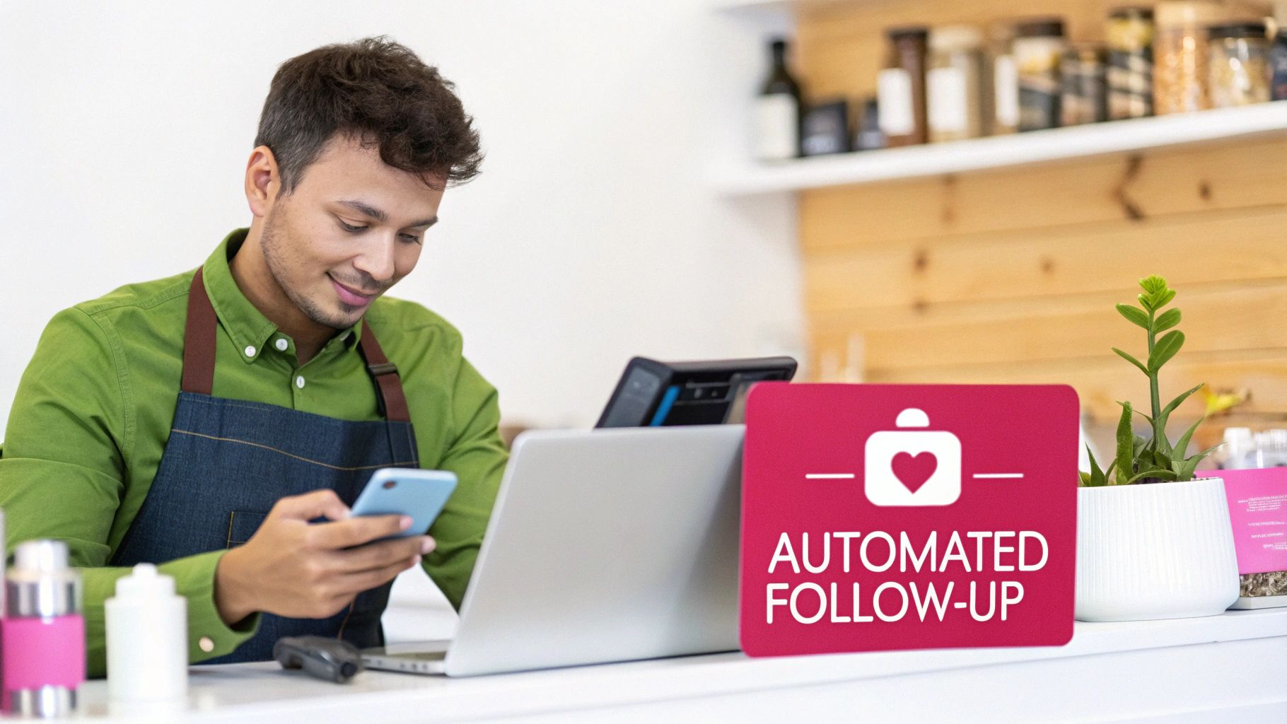 Smiling man in apron uses phone and laptop at a counter with an 'Automated Follow-up' sign.
