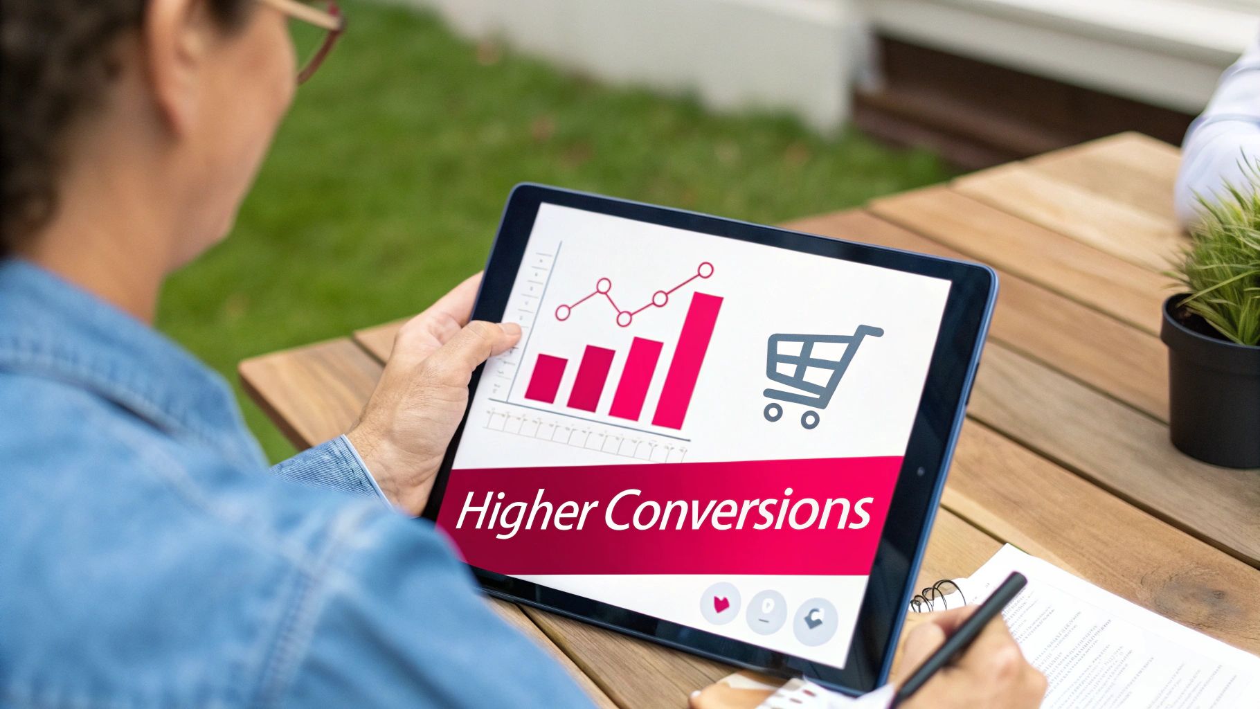 Person analyzing sales data for higher conversions on a tablet while taking notes outdoors.
