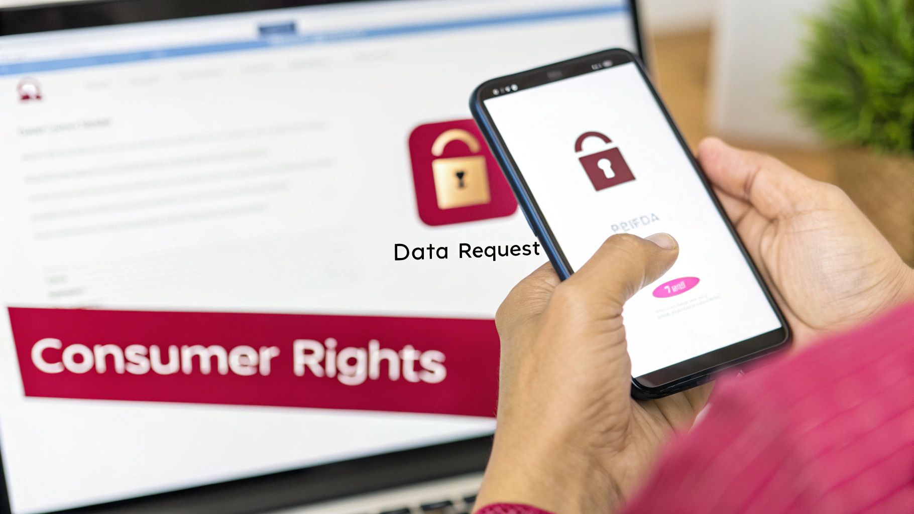 A person uses a smartphone with a data privacy app, symbolizing consumer rights and data requests.
