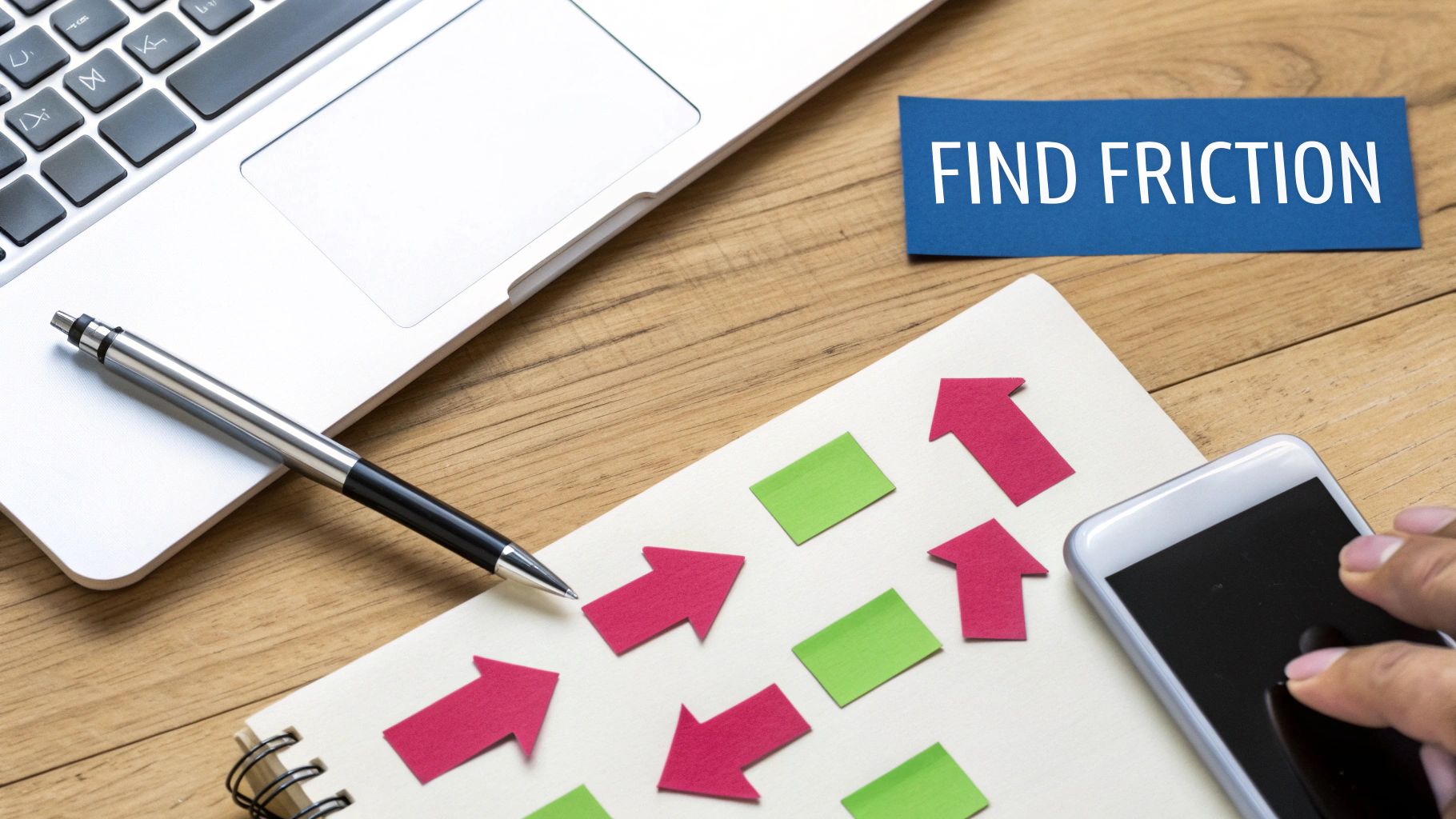 Overhead view of a workspace with a laptop, pen, notebook, smartphone, and 'FIND FRICTION' note.