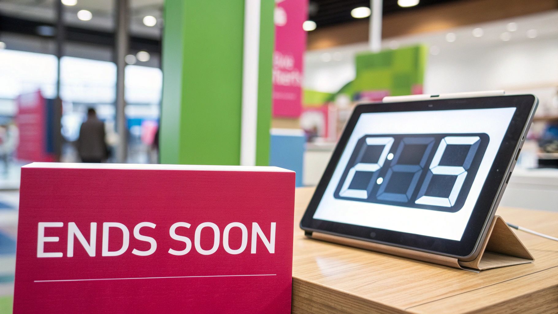 A red 'ENDS SOON' sign next to a tablet displaying '2:5' as a digital countdown on a wooden table.