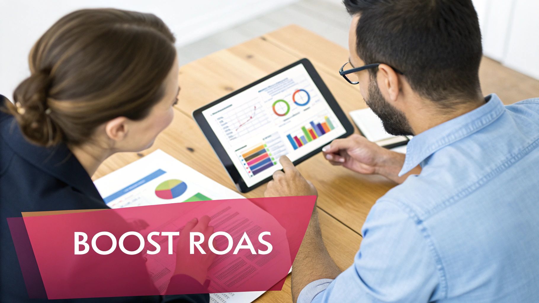 Several interconnected gears turning, with icons for ad creative, audience targeting, and landing pages on them, symbolizing the factors that control ROAS.