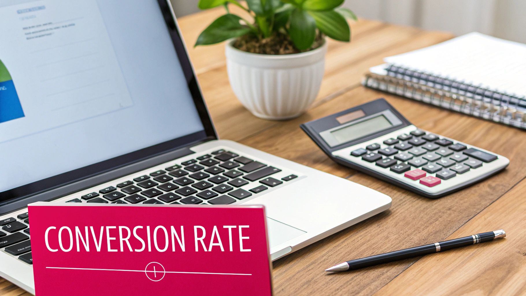 A calculator and charts displaying data analysis, symbolizing the calculation of conversion rates.