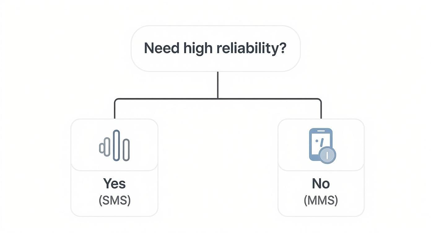 Decision tree diagram showing SMS for high reliability versus MMS for lower reliability messaging needs