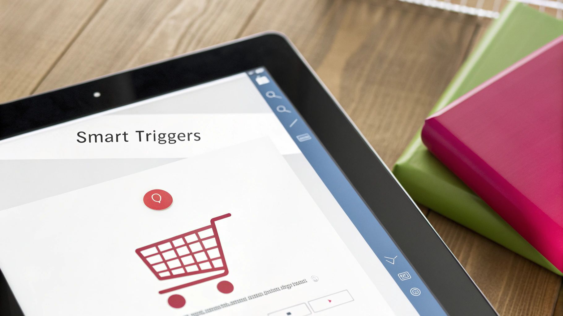 A tablet displays 'Smart Triggers' and a shopping cart icon, with colorful books on a wooden table.