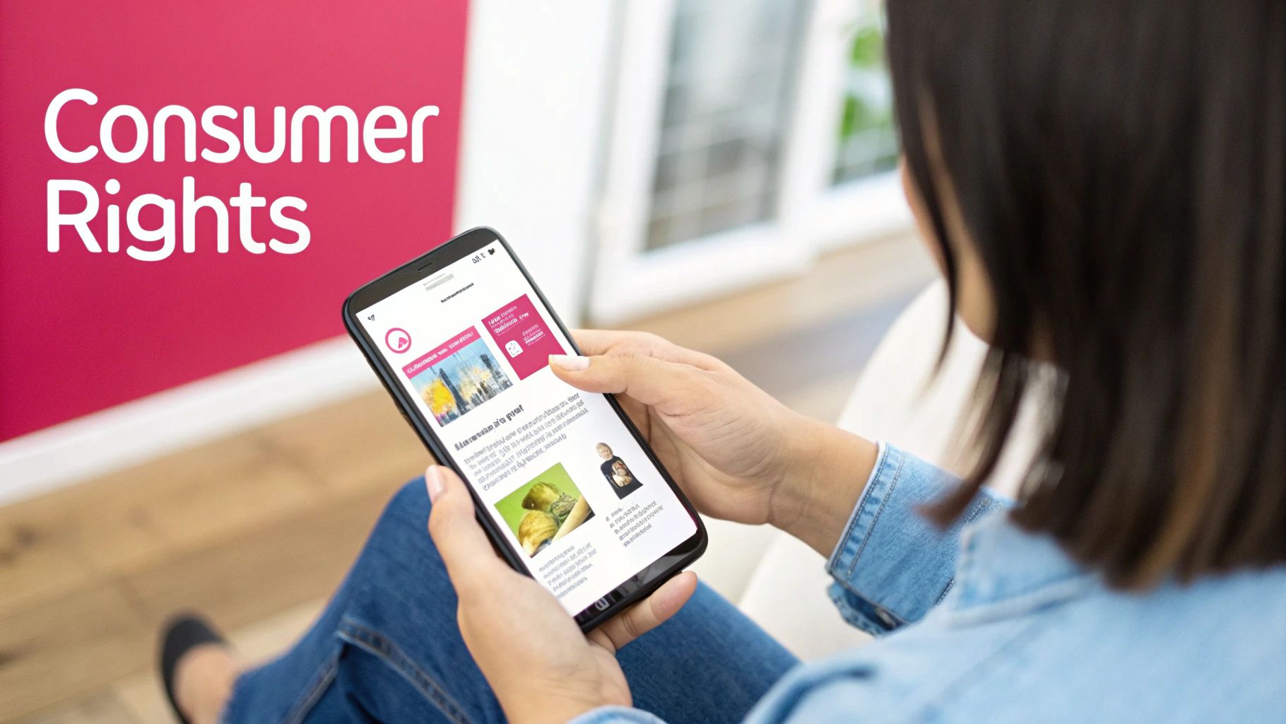 A person reads 'Consumer Rights' content on a smartphone, highlighting digital information access.
