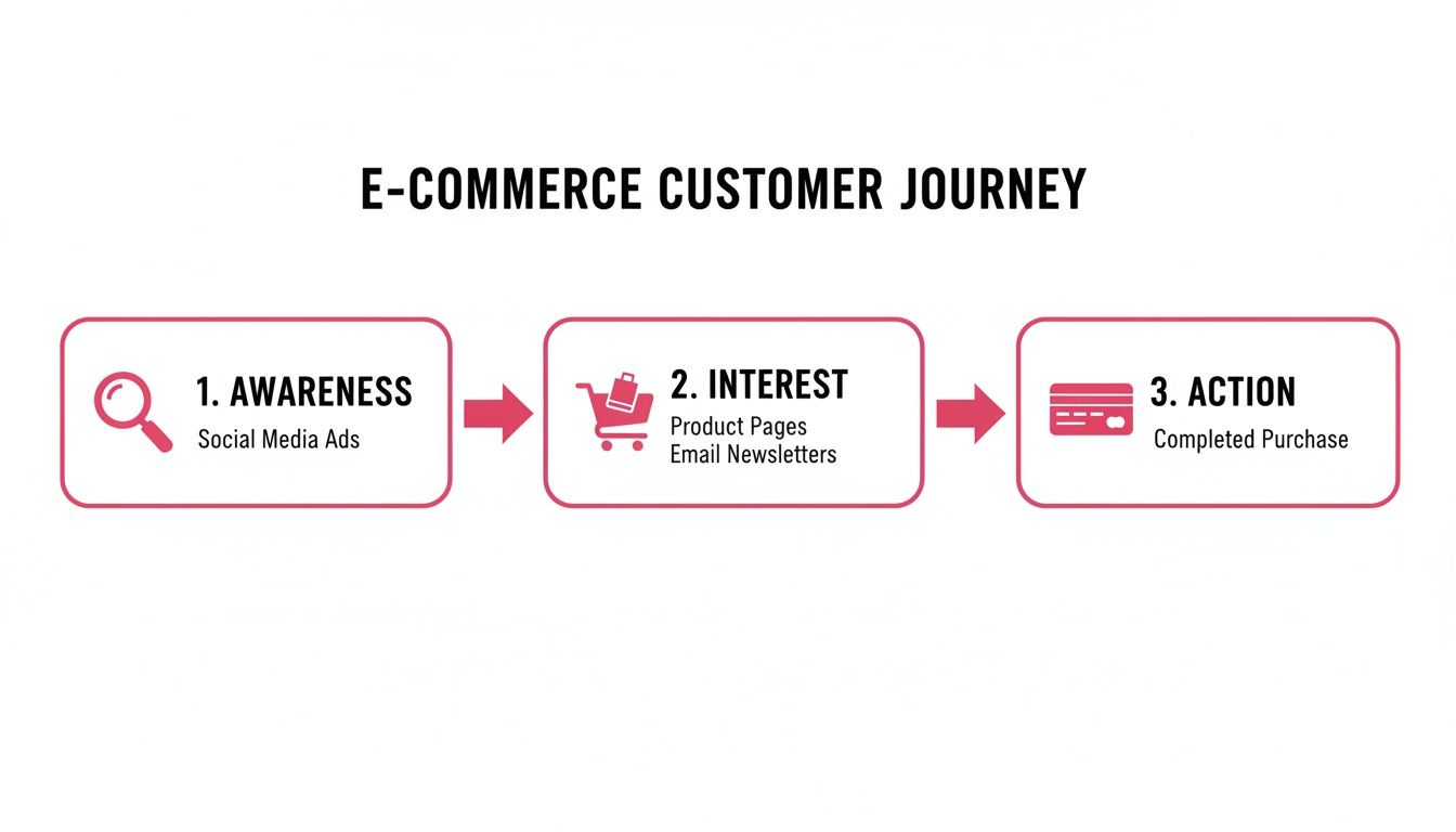 Diagram illustrating the e-commerce customer journey from awareness through interest to action and purchase.