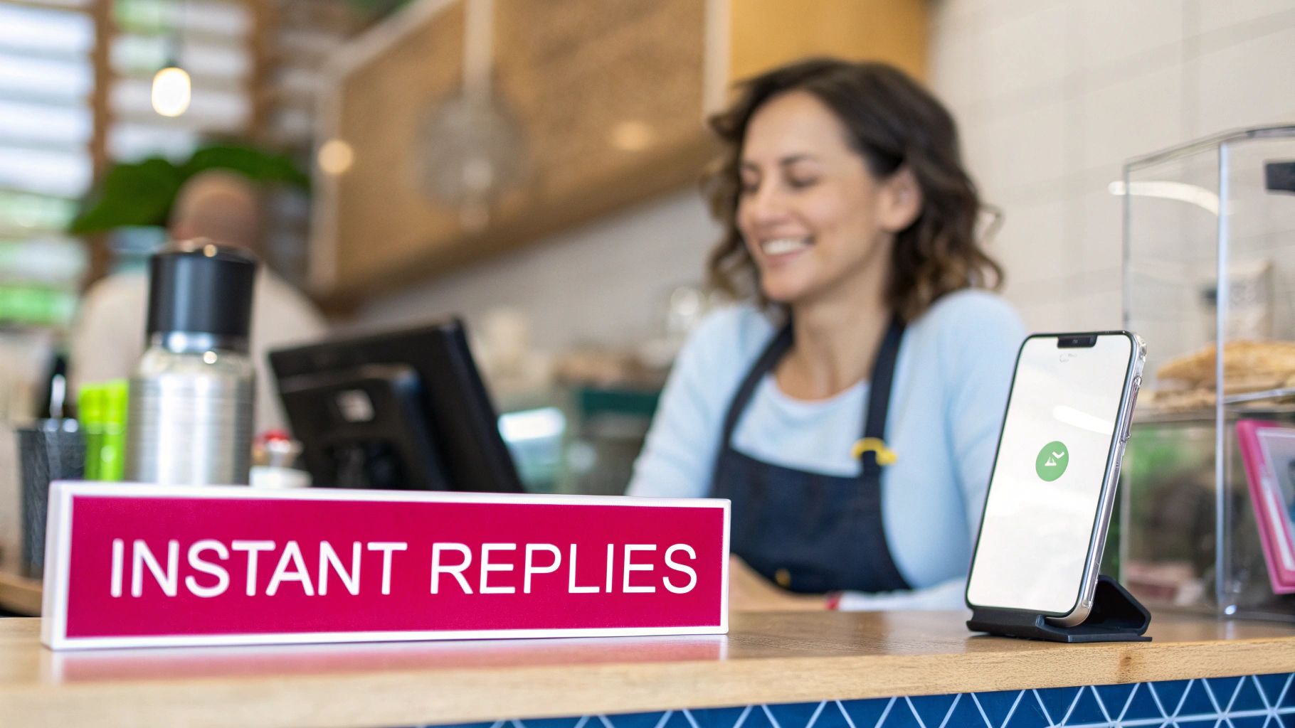 Smiling cashier behind a counter with an 'INSTANT REPLIES' sign and smartphone displaying a tech logo.