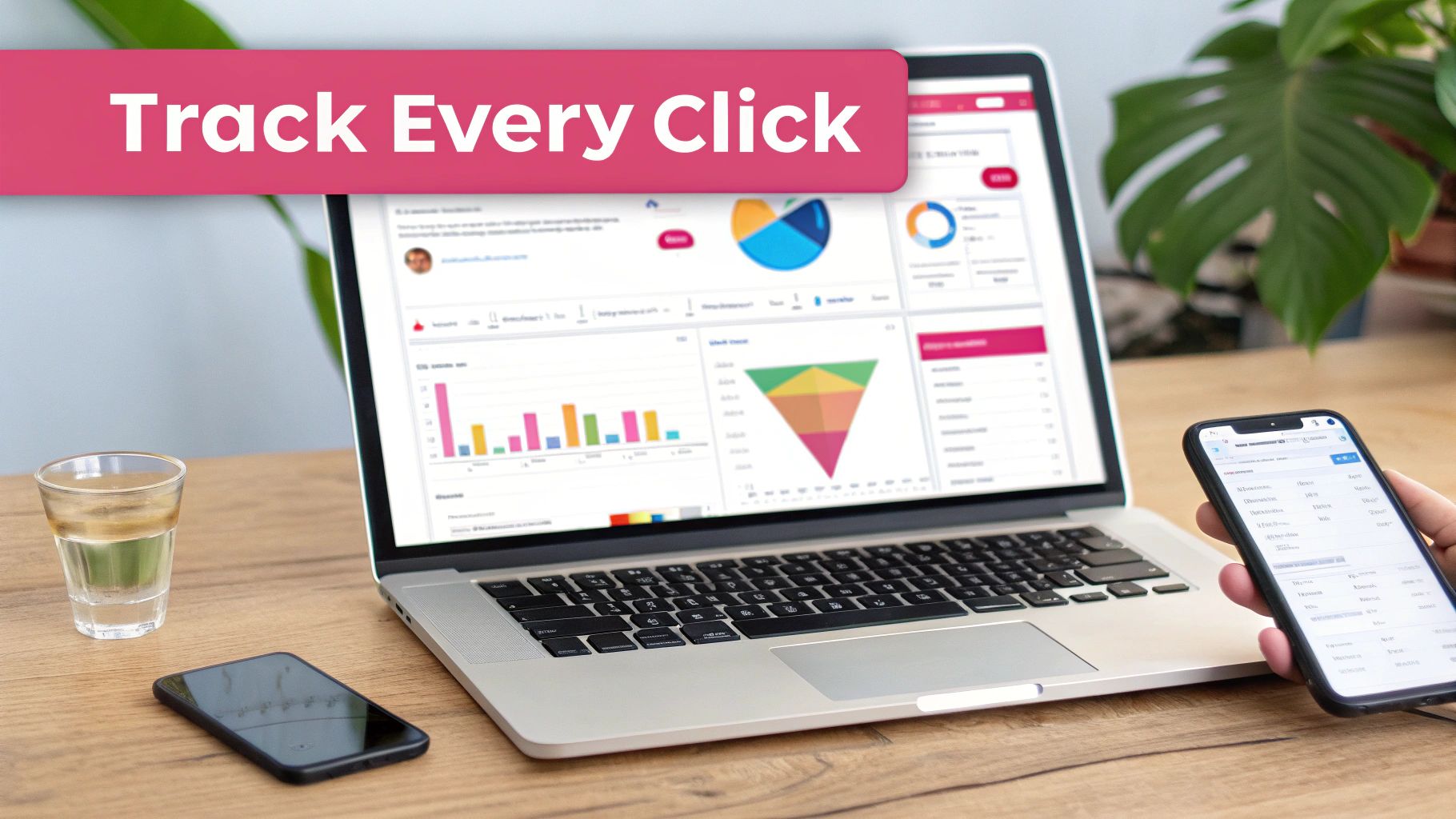 Laptop displaying data analytics with charts, a hand holding a smartphone on a desk. Overlay: Track Every Click.