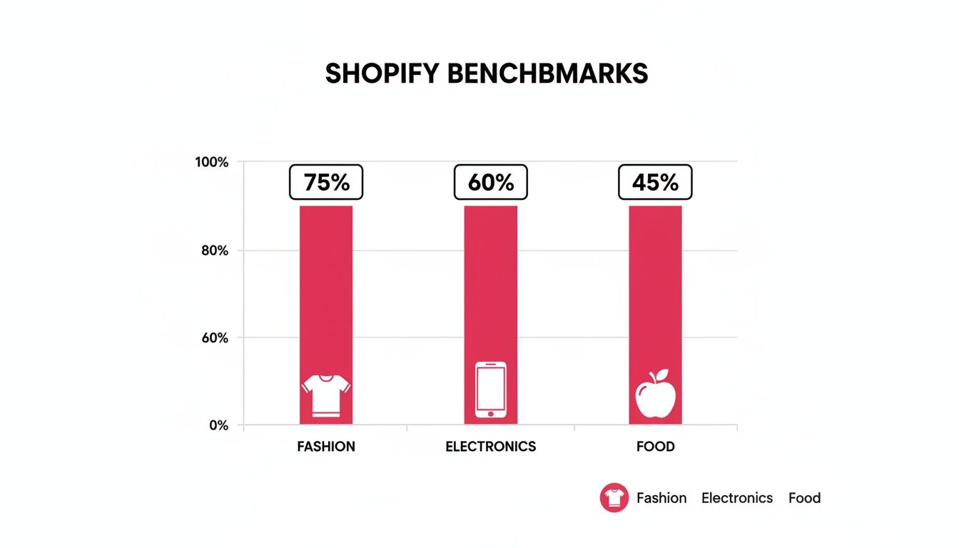 Bar chart showing Shopify conversion benchmarks by category: Fashion 75%, Electronics 60%, Food 45%.