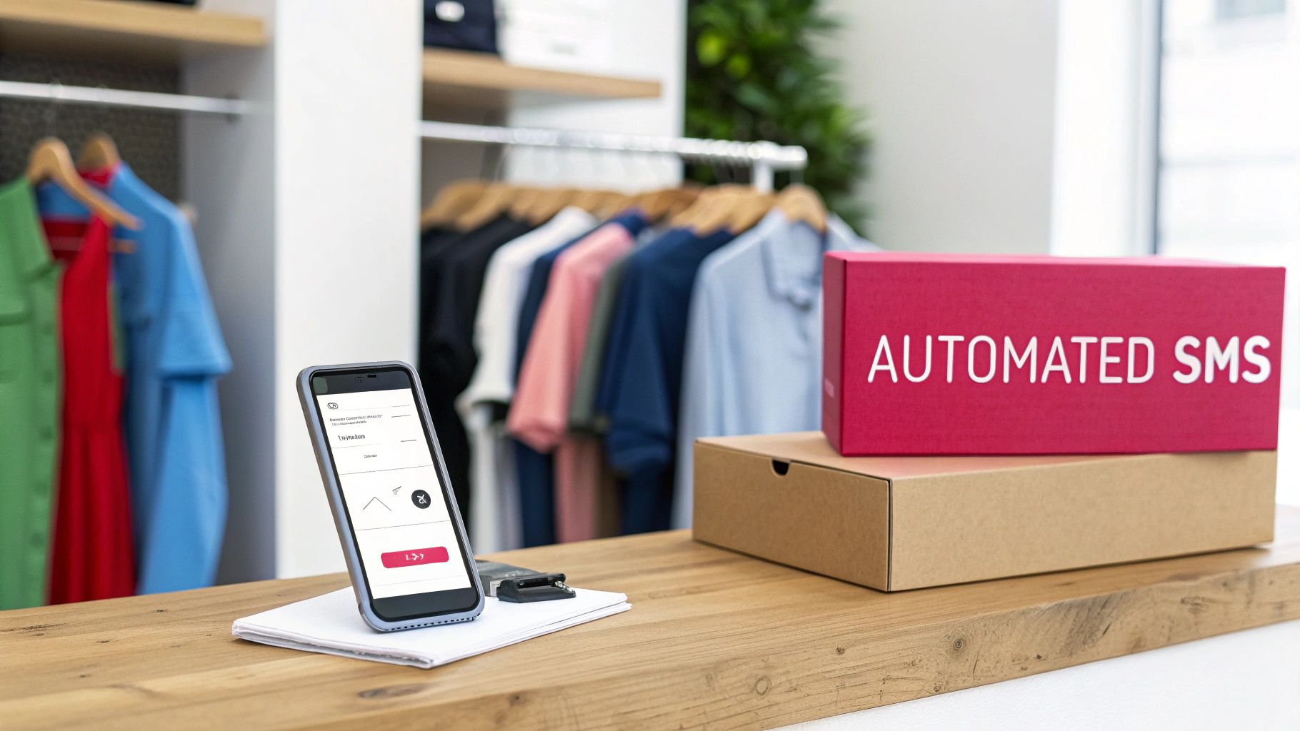 Smartphone displaying an app, 'AUTOMATED SMS' box, and clothes rack in a retail store.