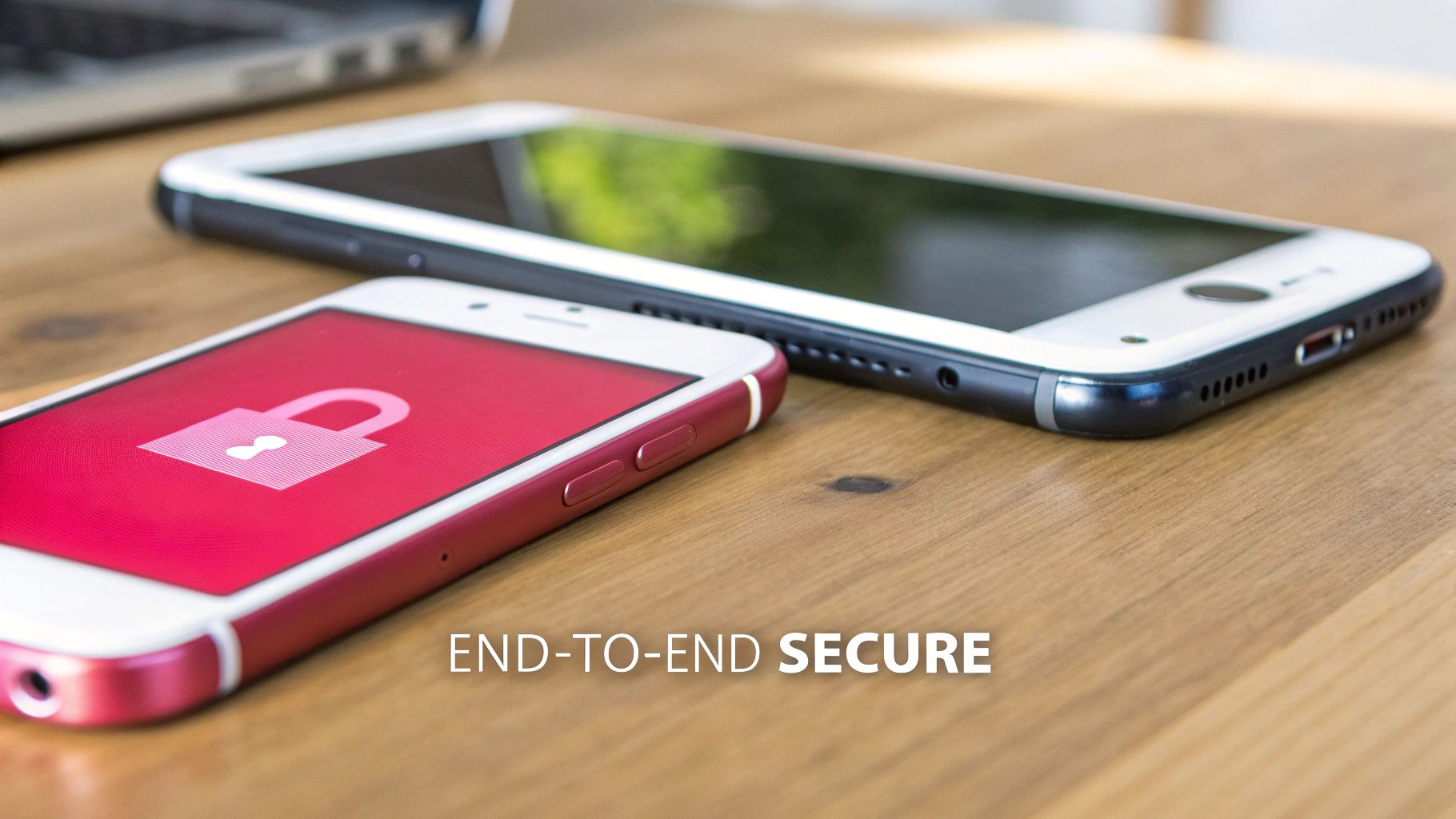 An illustration showing a locked box being passed between two people, symbolizing end-to-end encryption.