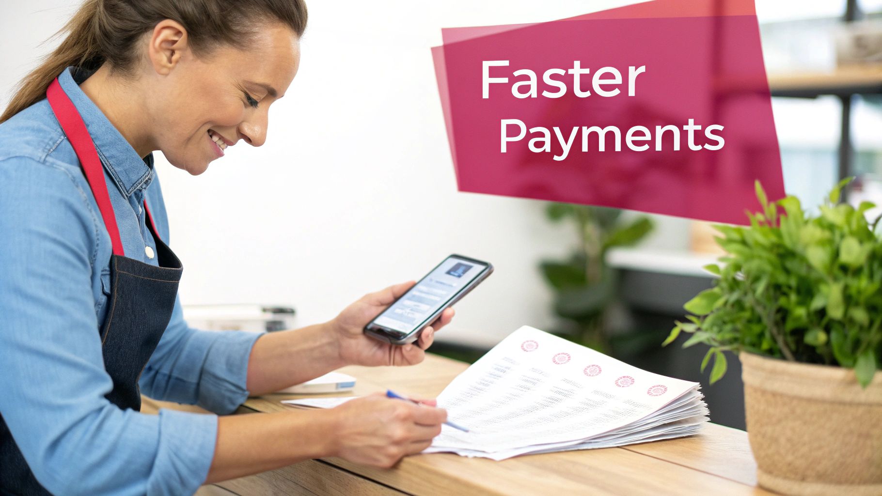 A smartphone displaying a payment successful notification after a text message interaction