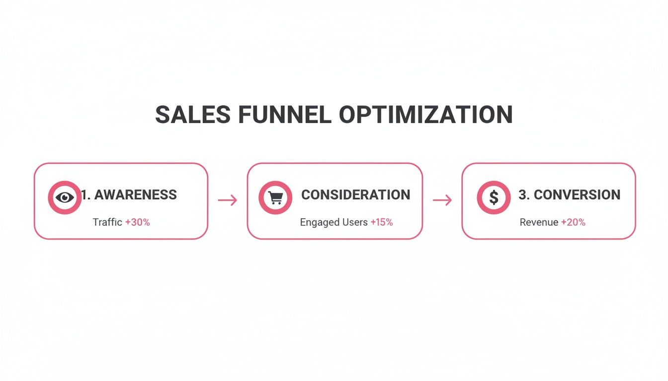 Sales funnel optimization diagram showing Awareness, Consideration, and Conversion stages with key performance metrics.