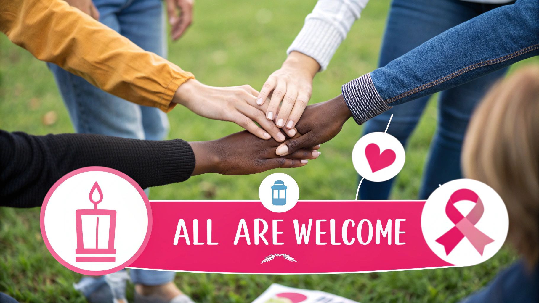Diverse hands stacked together, symbolizing unity, with an 'ALL ARE WELCOME' banner and icons.