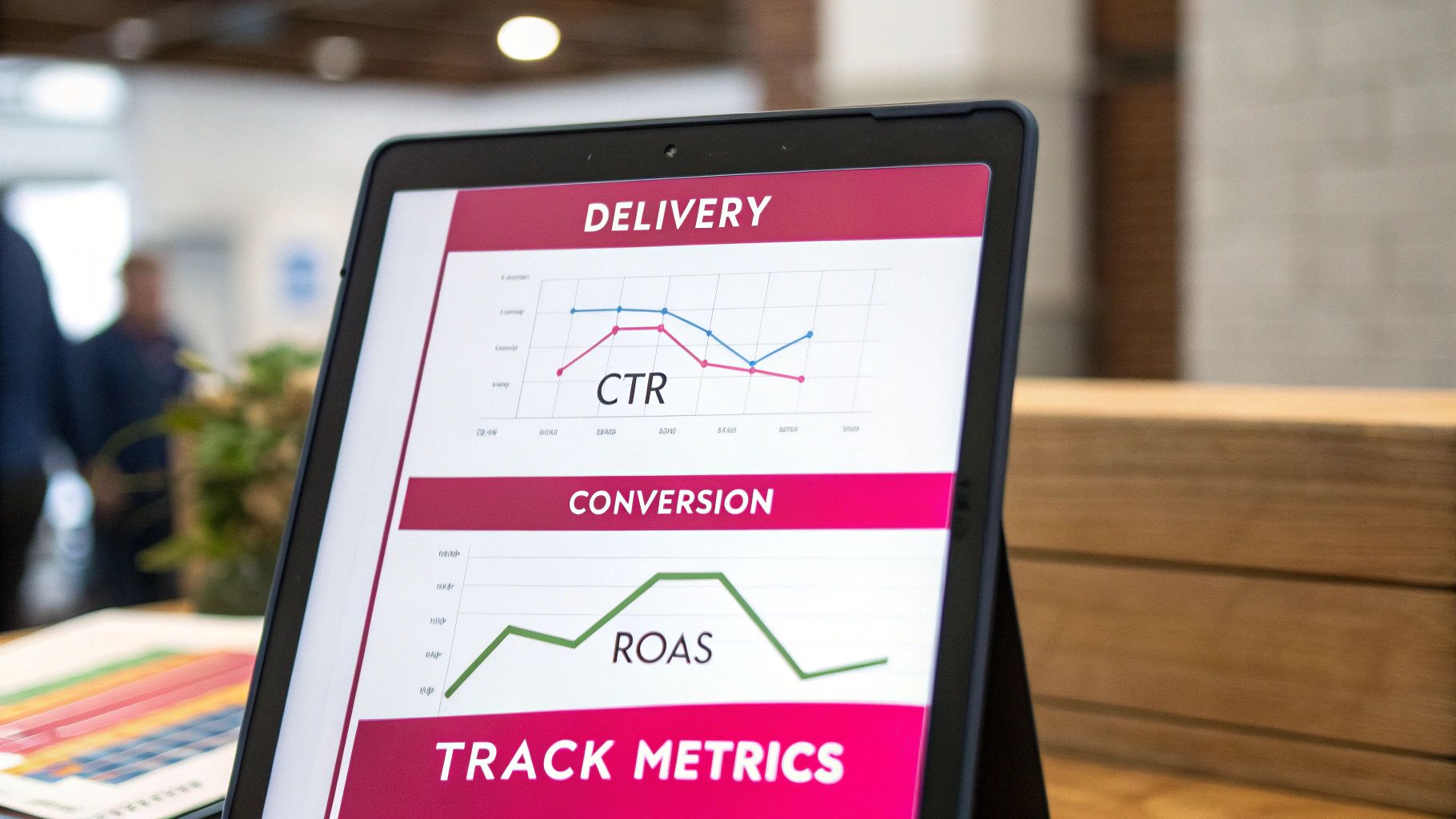 A close-up of a tablet screen showing marketing performance metrics like CTR and ROAS.