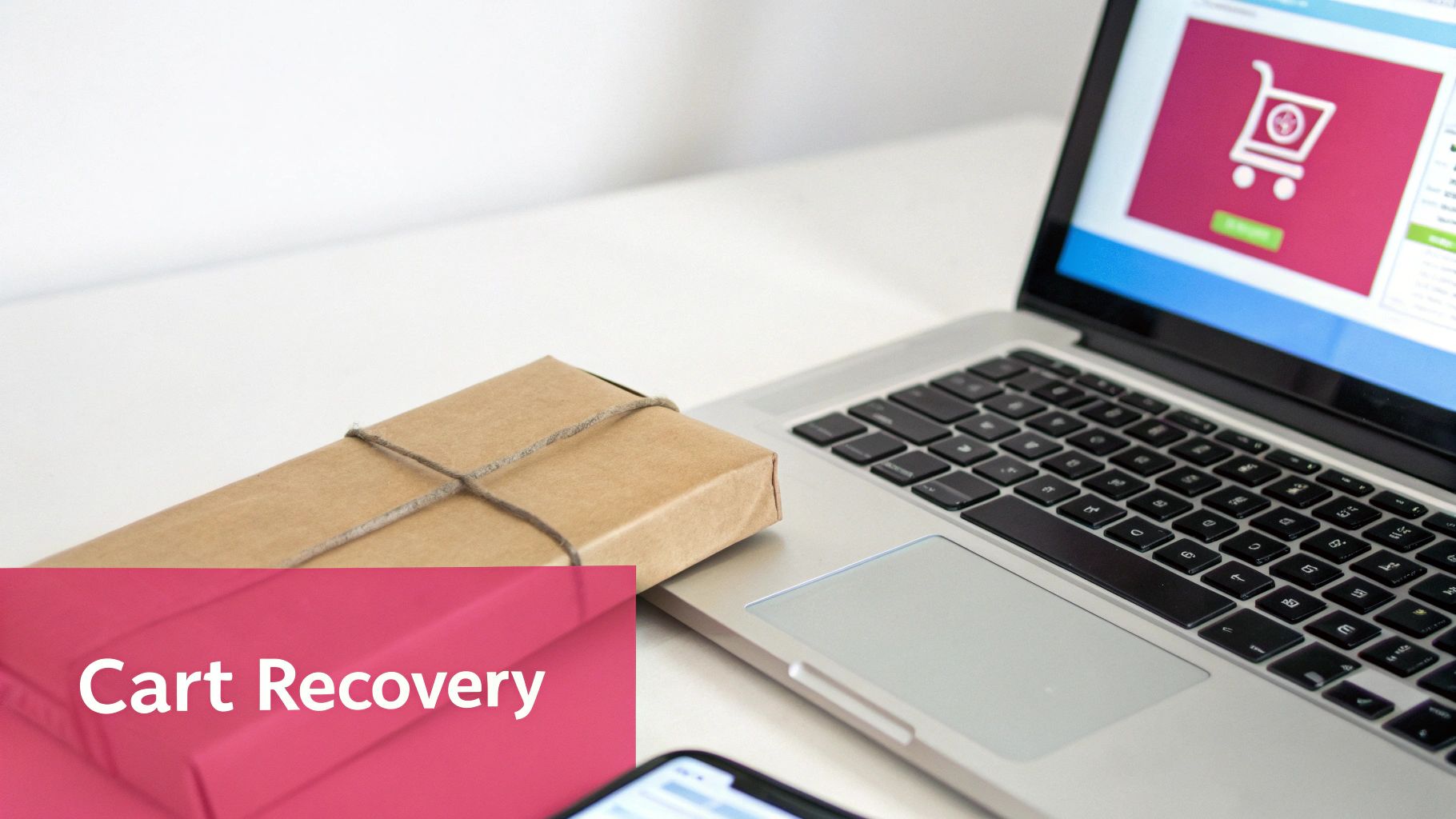 A laptop displaying an online shopping cart icon next to a brown package, with 'Cart Recovery' text.