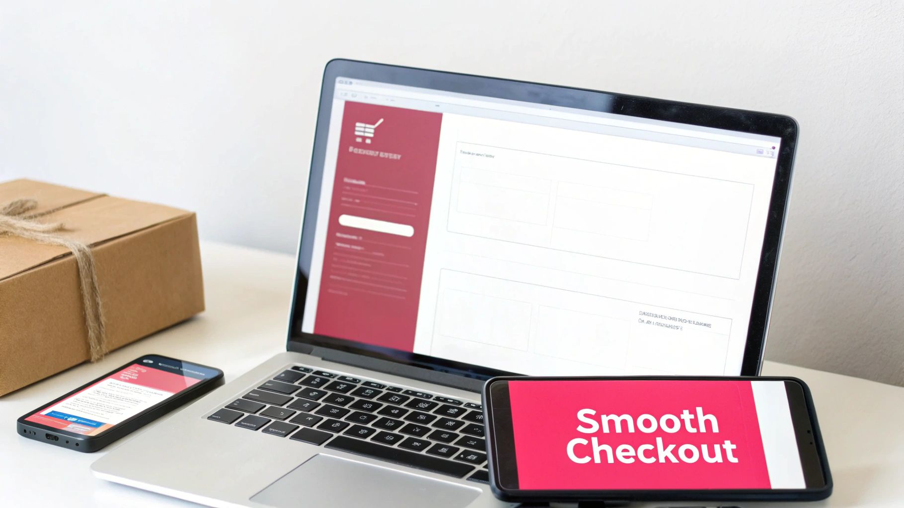 A laptop, two smartphones, and a package illustrate a smooth e-commerce checkout experience on a white desk.