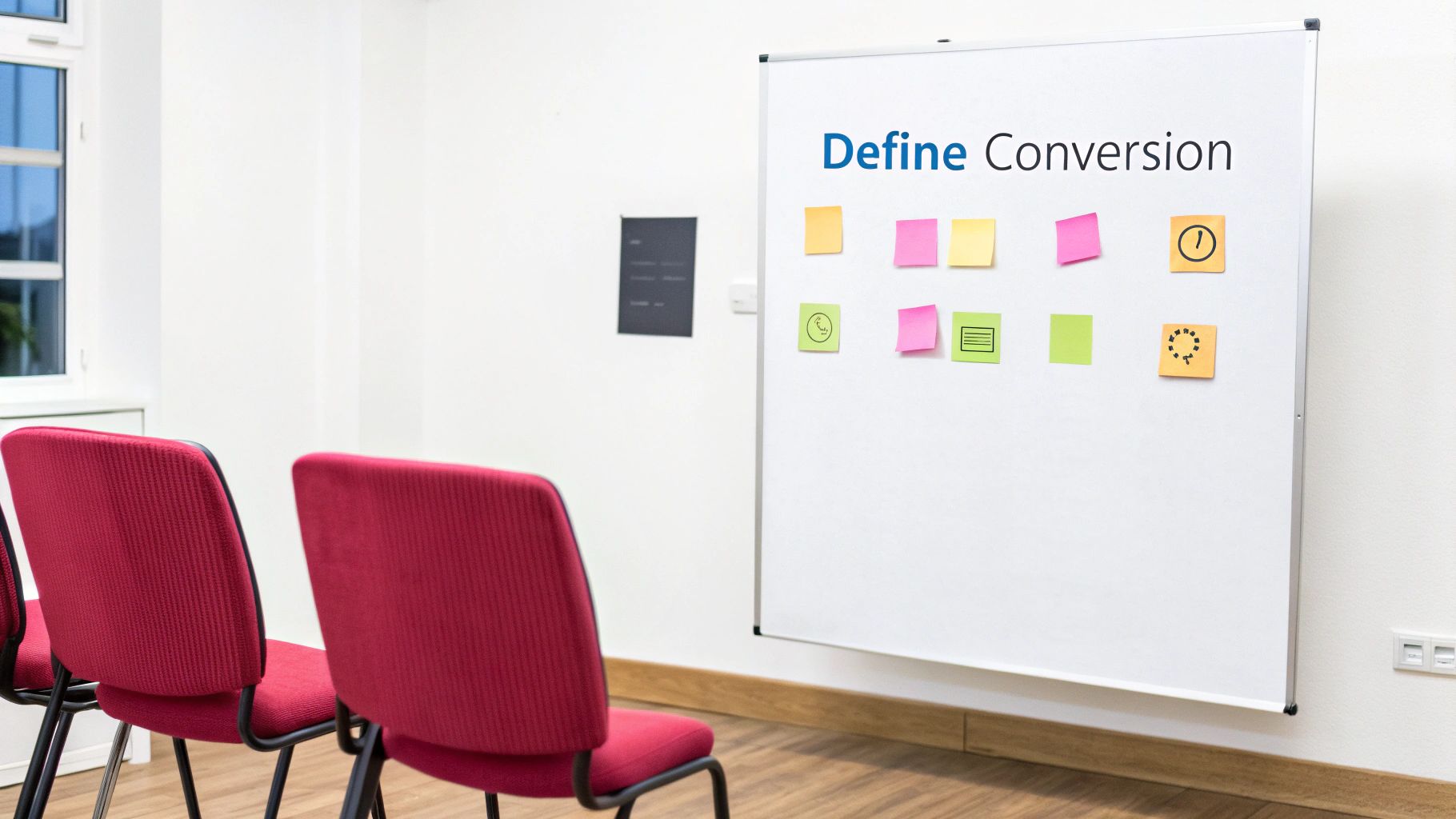 A magnifying glass focusing on a target icon, representing the act of defining and specifying a conversion goal.