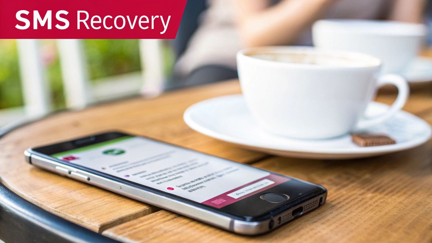 A smartphone displaying 'SMS Recovery' on the screen, next to two coffee cups on a wooden table.
