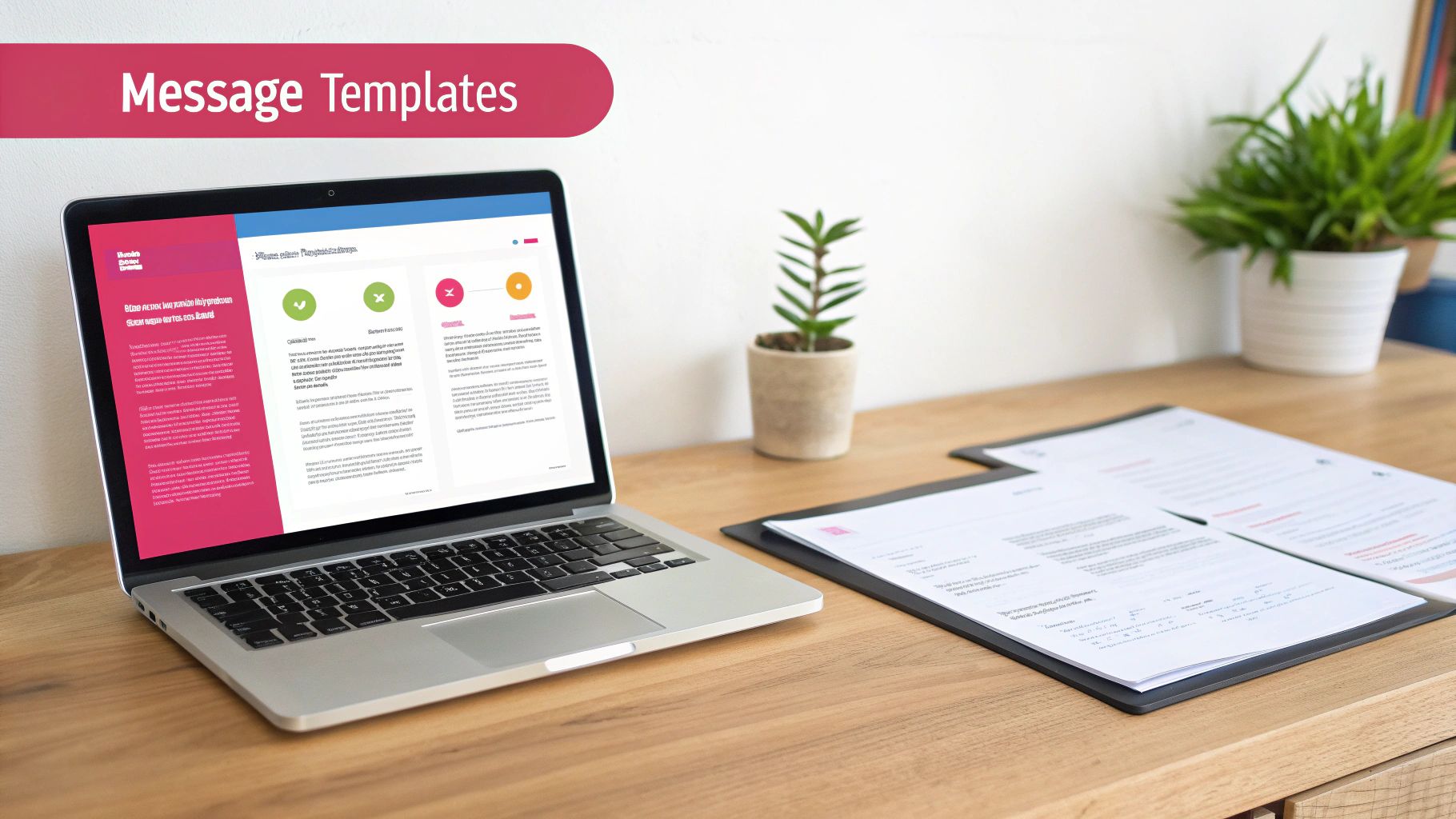 A laptop displaying message templates with various status icons on a wooden desk with documents.